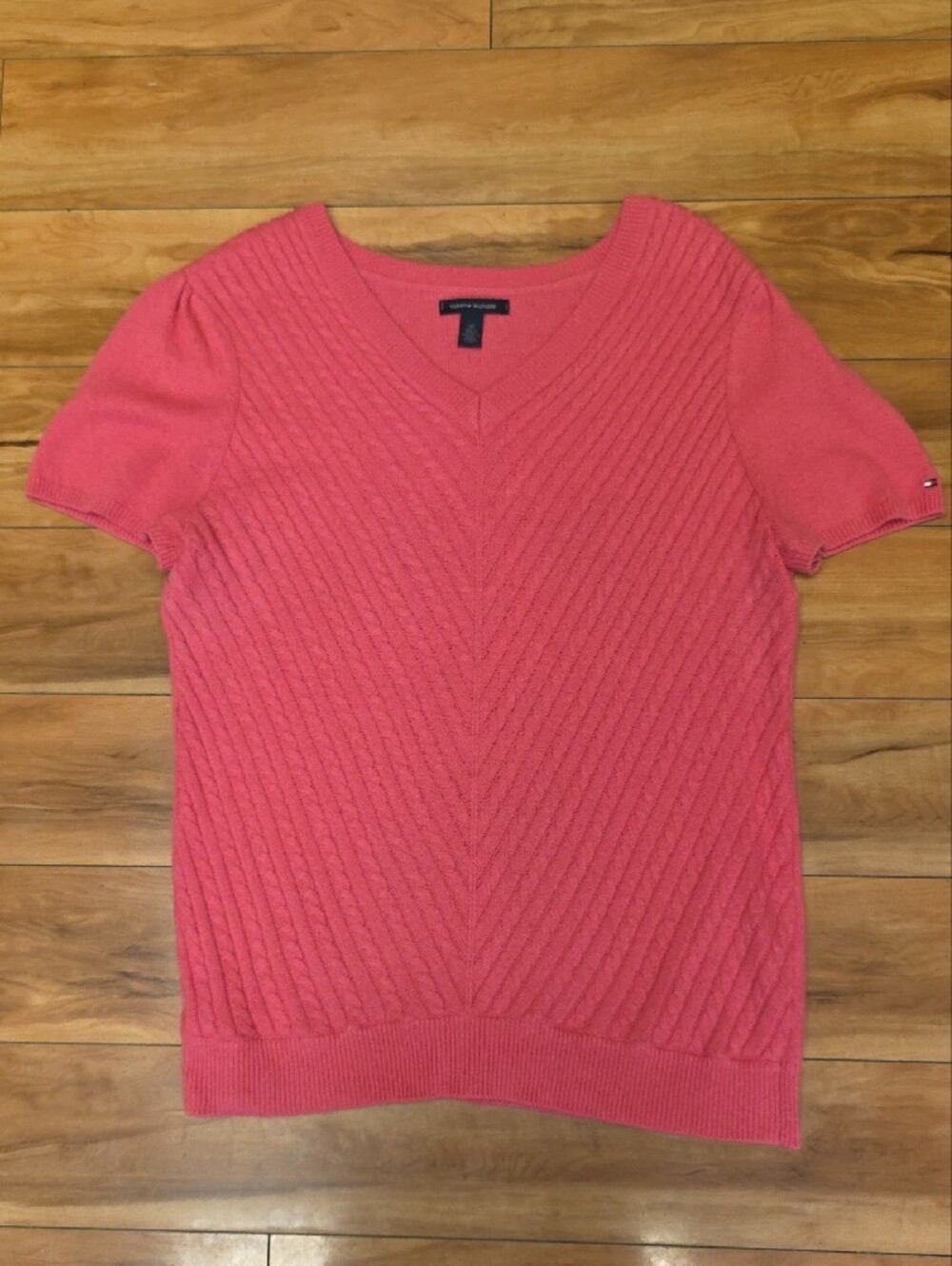 Tommy Hilfiger Chevron Cable Knit V-Neck Short Sleeve Lightweight Sweater Sz L